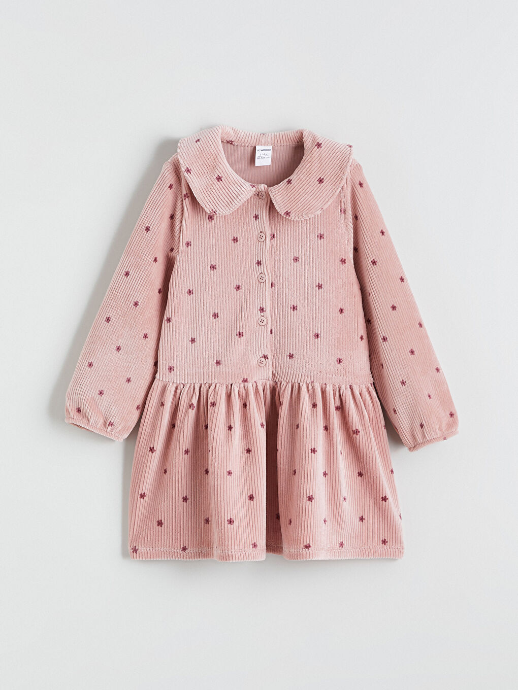 Pembe Bebe Yaka Çiçekli Kadife Kız Çocuk Elbise