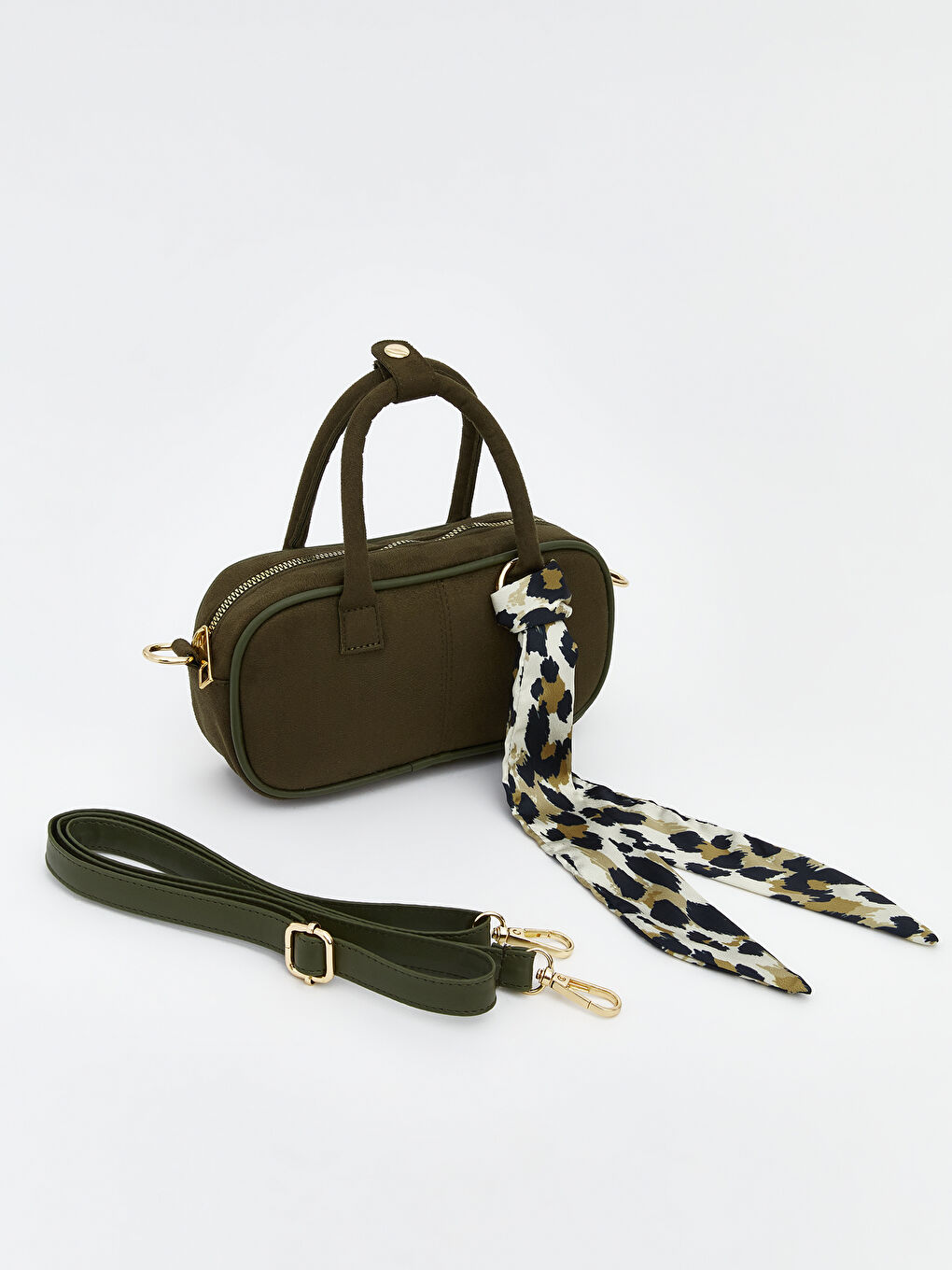 Haki Fular Detaylı Süet Görünümlü Kadın Omuz Çantası-1