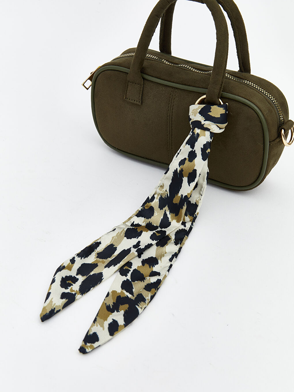 Haki Fular Detaylı Süet Görünümlü Kadın Omuz Çantası-2