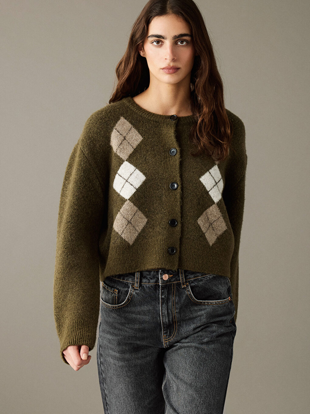 Yeşil Baklava Desenli Kadın Triko Hırka