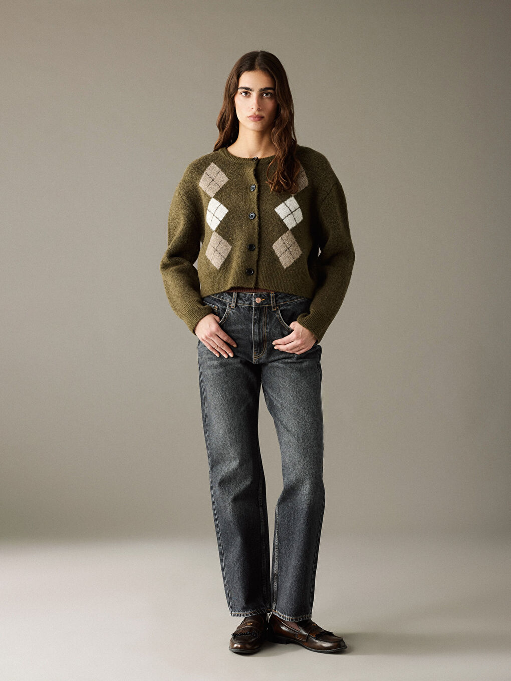 Yeşil Baklava Desenli Kadın Triko Hırka-1