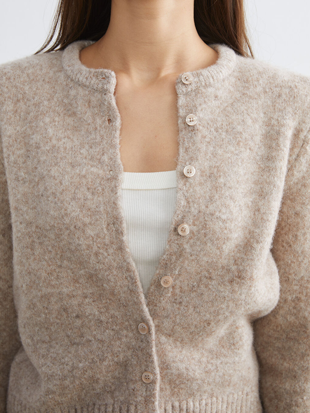 Bej Bisiklet Yaka Yün Karışımlı Kadın Triko Hırka-2