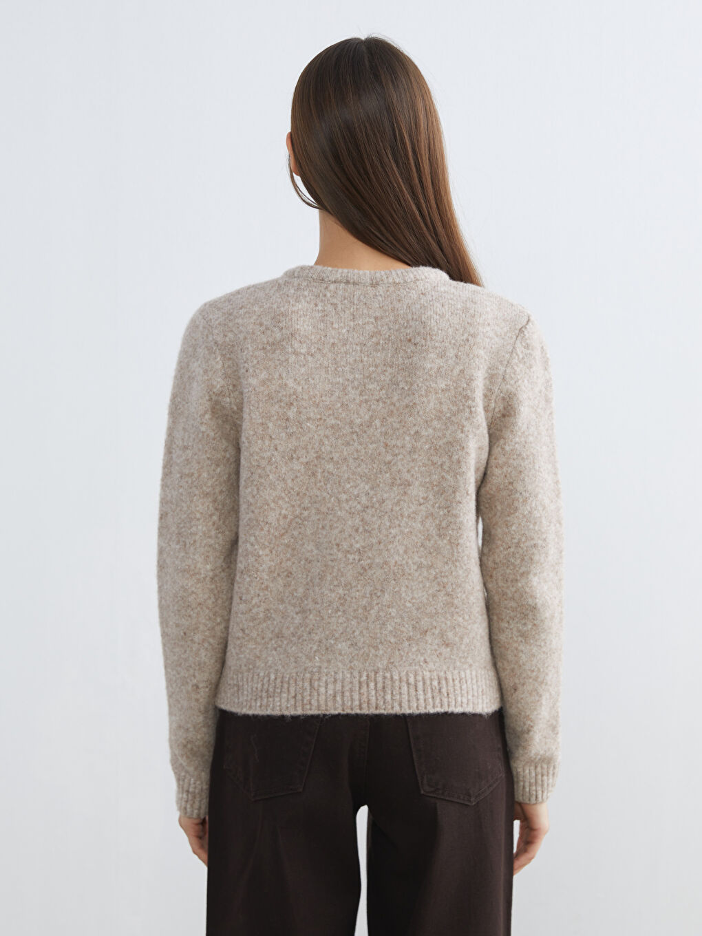 Bej Bisiklet Yaka Yün Karışımlı Kadın Triko Hırka-3