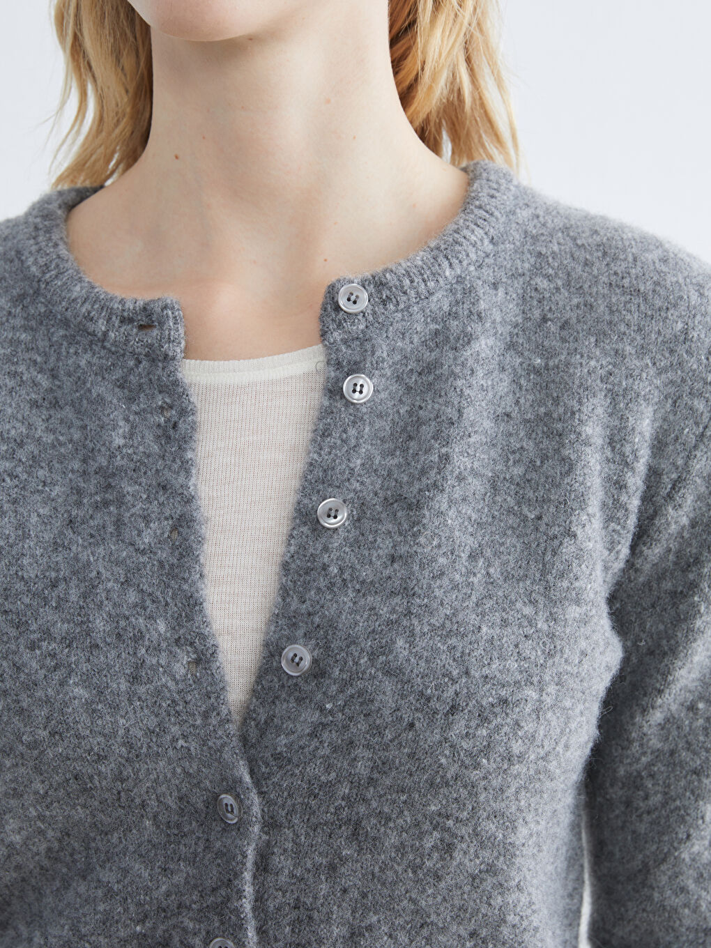 Gri Bisiklet Yaka Yün Karışımlı Kadın Triko Hırka-2