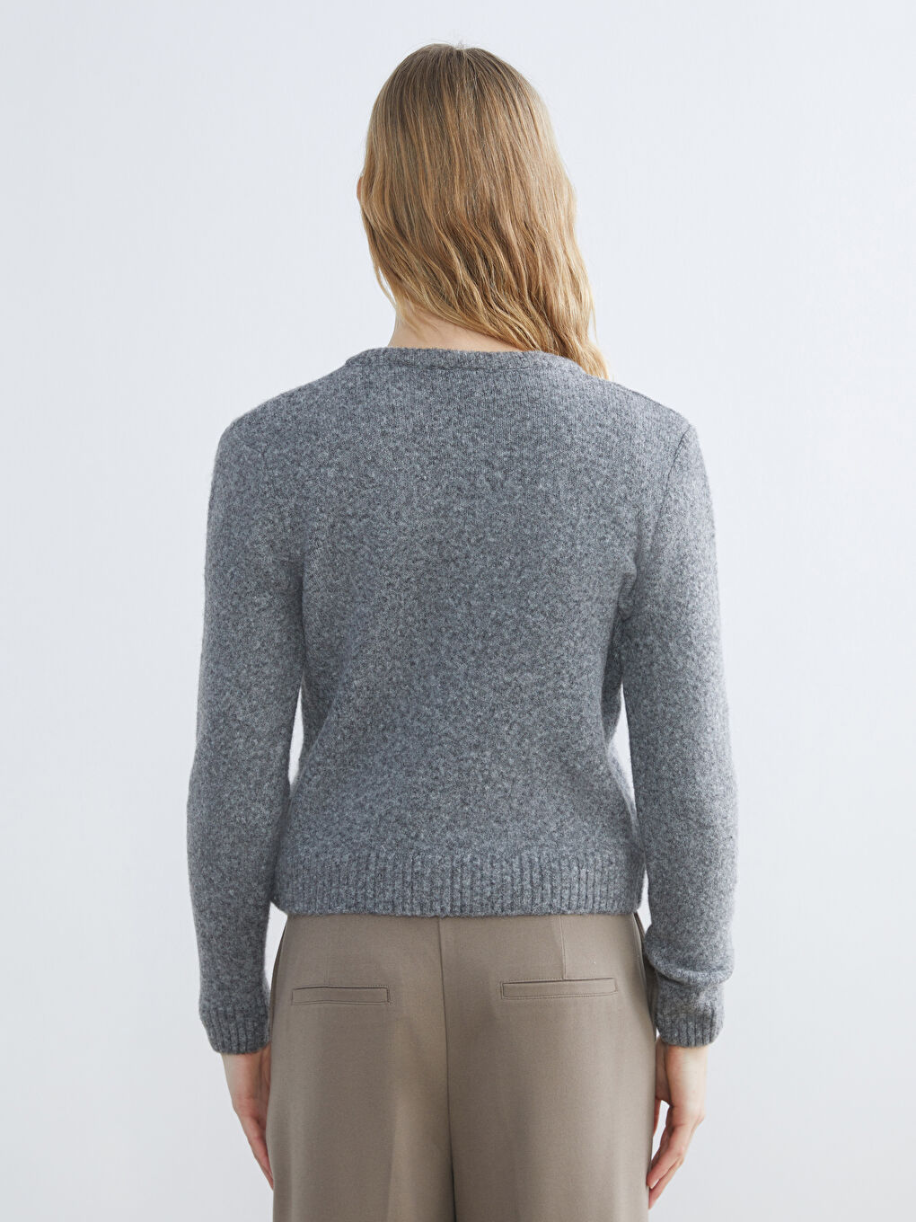 Gri Bisiklet Yaka Yün Karışımlı Kadın Triko Hırka-3