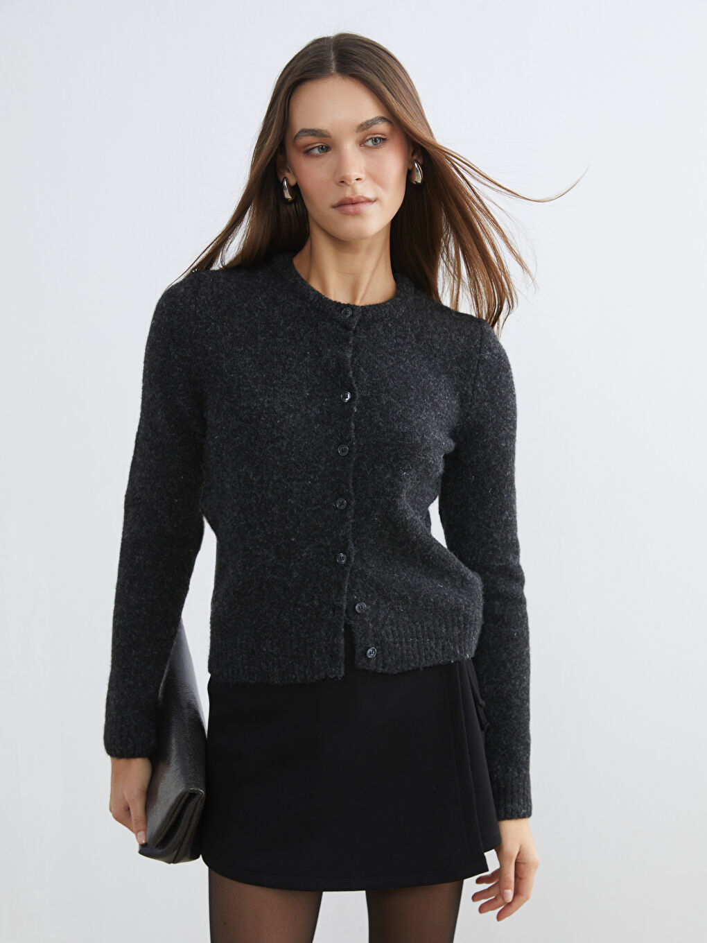 Antrasit Bisiklet Yaka Yün Karışımlı Kadın Triko Hırka