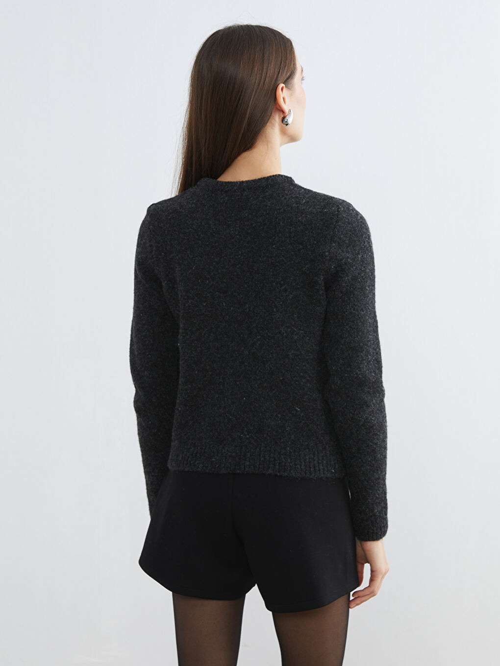Antrasit Bisiklet Yaka Yün Karışımlı Kadın Triko Hırka-3