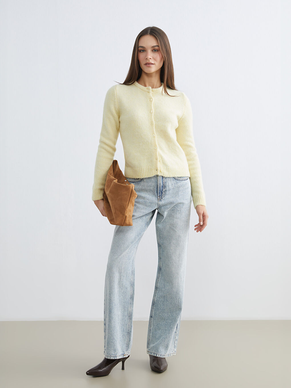 Sarı Bisiklet Yaka Yün Karışımlı Kadın Triko Hırka-1