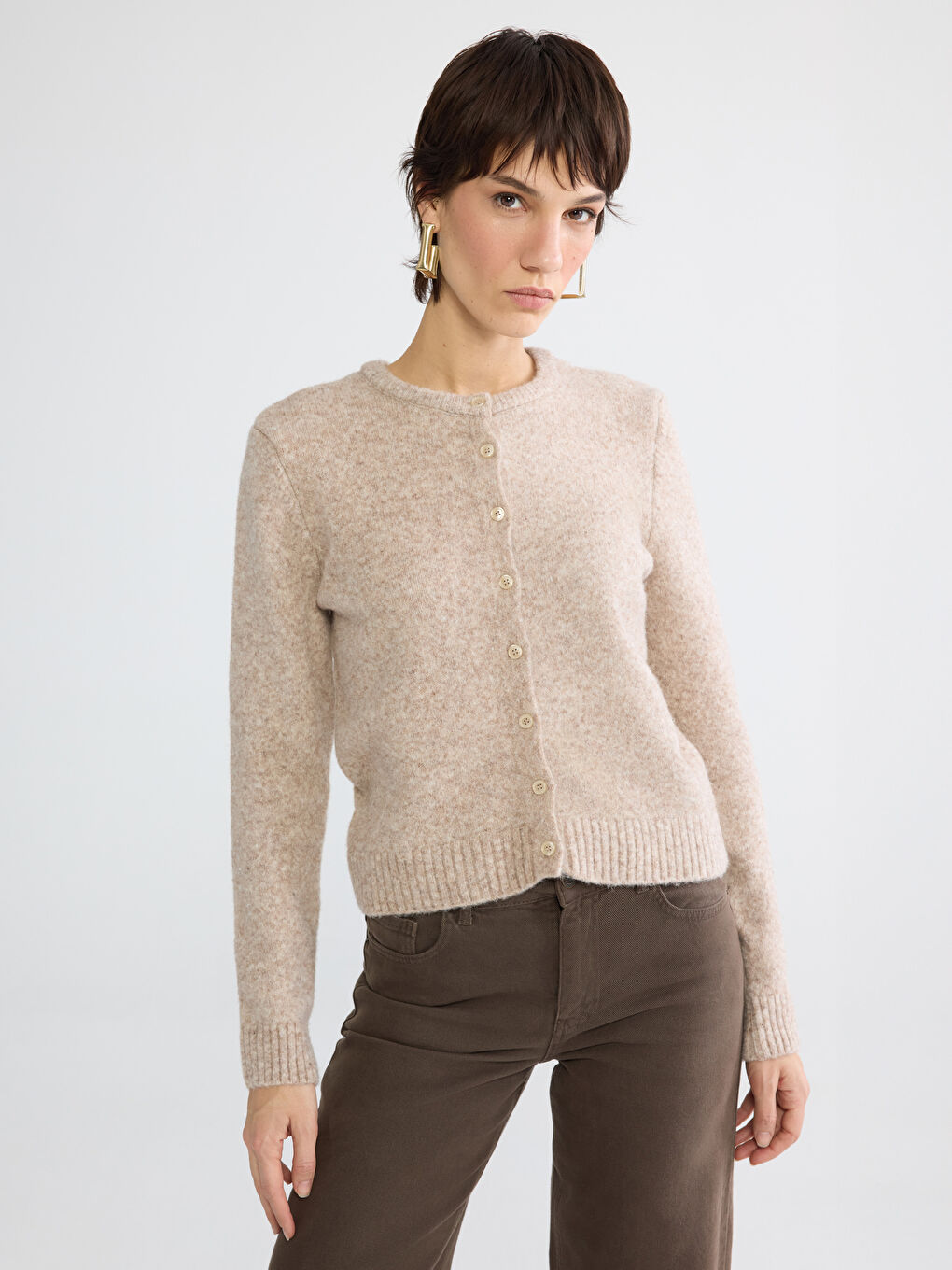 Women's Crew Neck Wool Blend Knit Cardigan