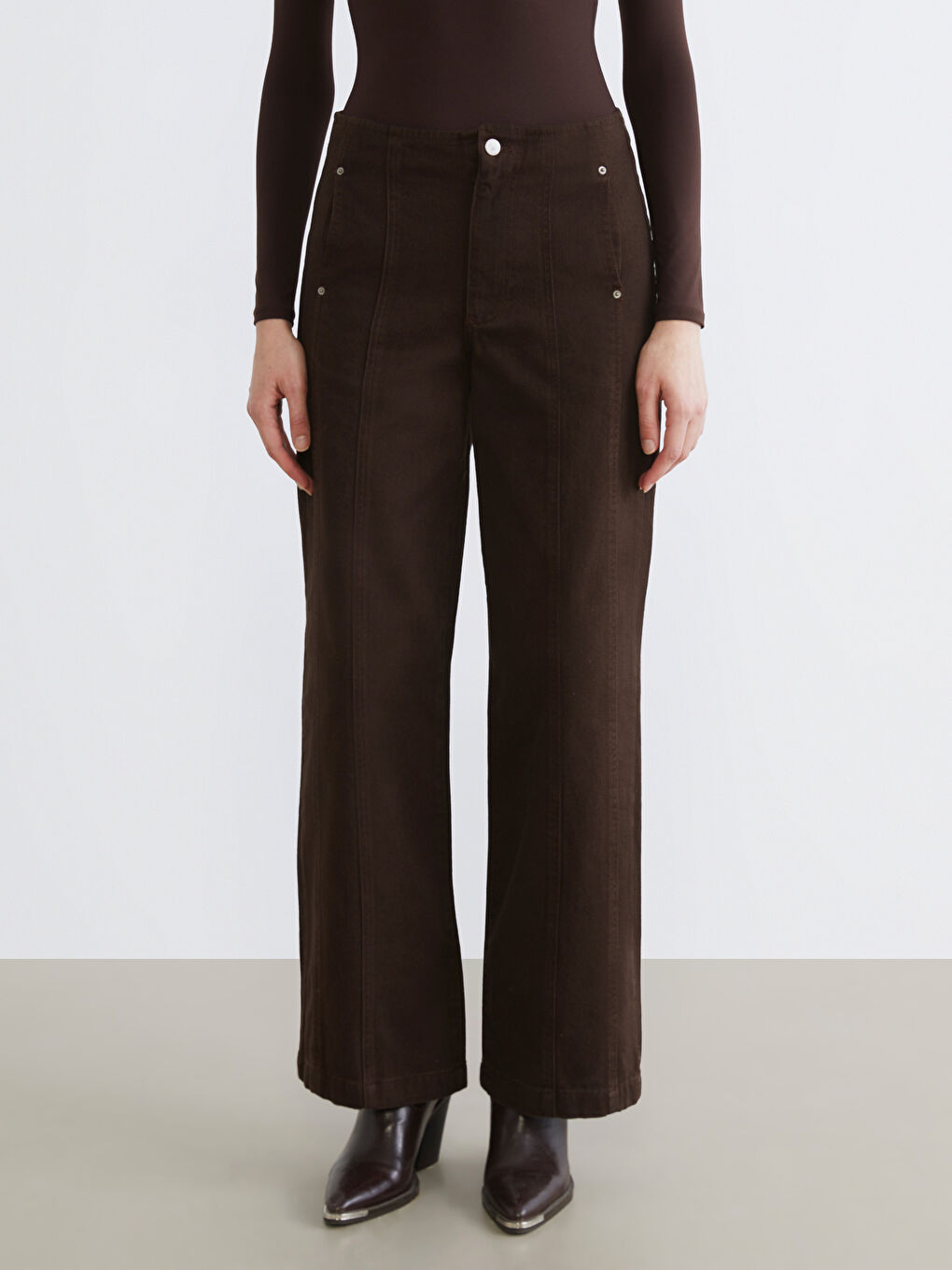 Kahverengi Wideleg Kadın Jean Pantolon-1