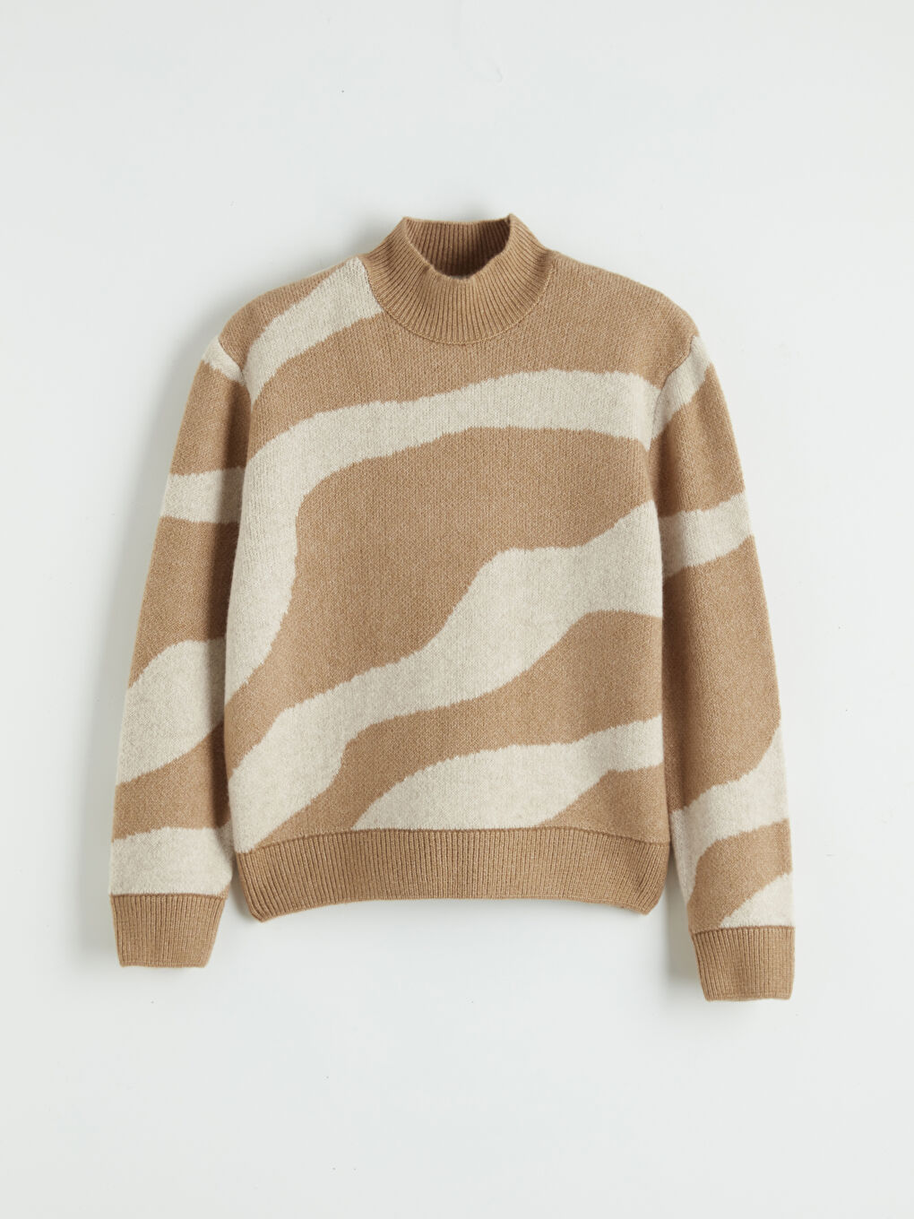 Bej Yarım Balıkçı Yaka Desenli Kadın Triko Kazak-4