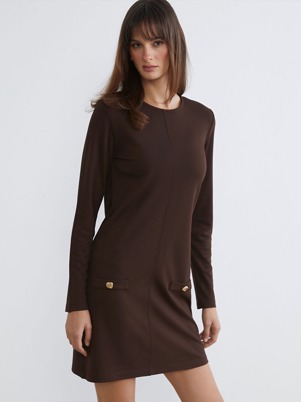 Kahverengi Bisiklet Yaka Mini Elbise-1