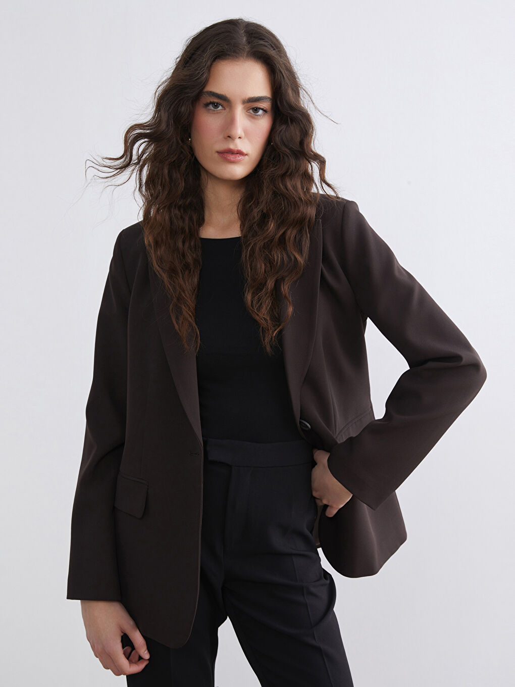 Kahverengi Krep Kadın Blazer Ceket