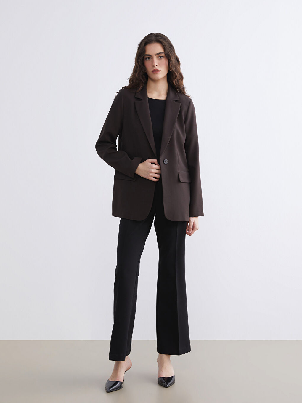 Kahverengi Krep Kadın Blazer Ceket-1