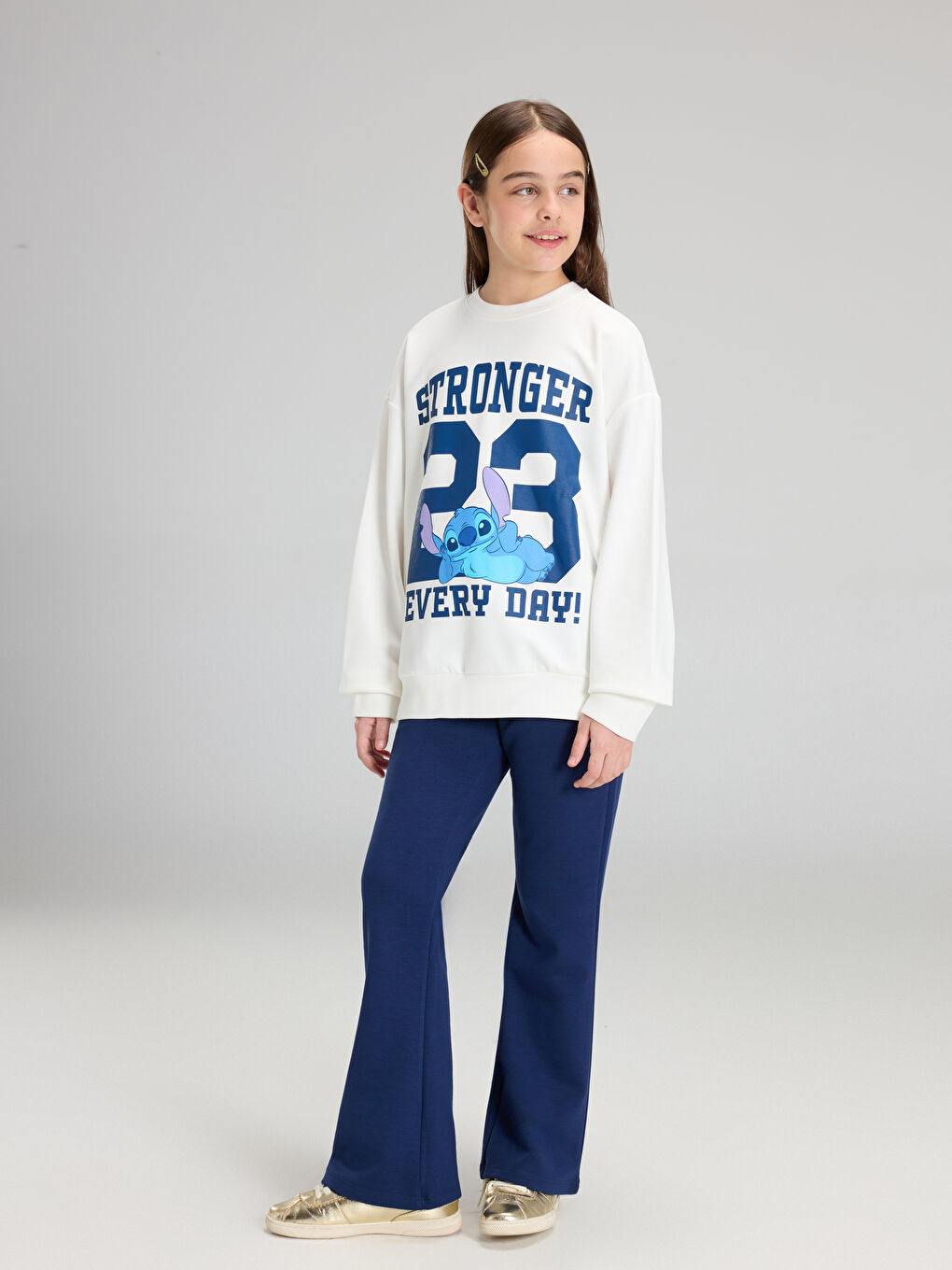 Crew Neck Stitch Printed Girls' Sweatshirt and Leggings