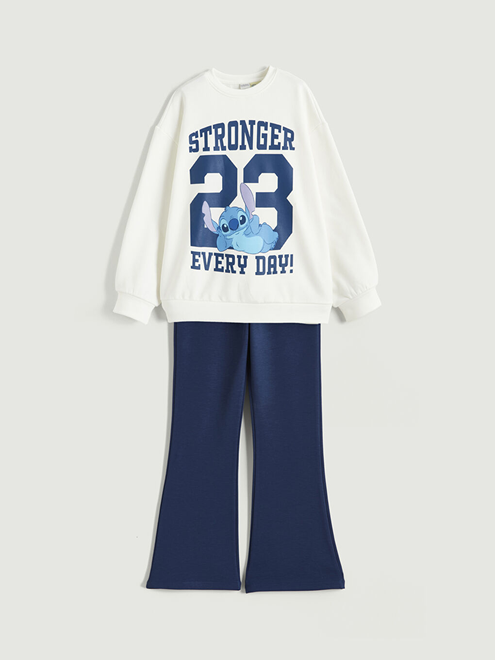 Ekru Bisiklet Yaka Stitch Baskılı Kız Çocuk Sweatshirt ve Tayt