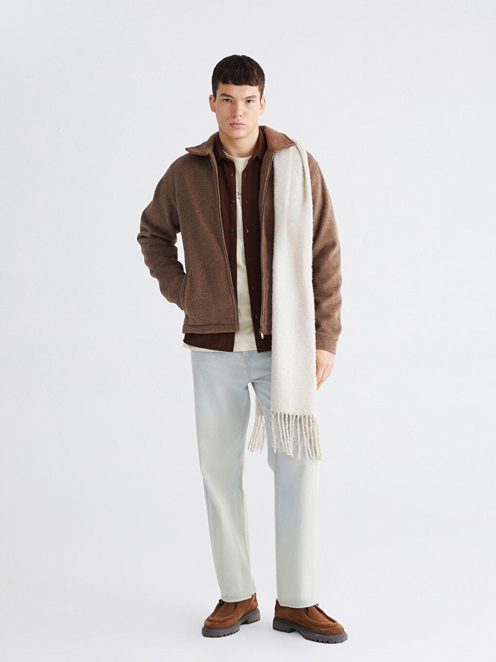 Kahverengi Regular Fit Uzun Kollu Kaşe Erkek Gömlek Ceket-1