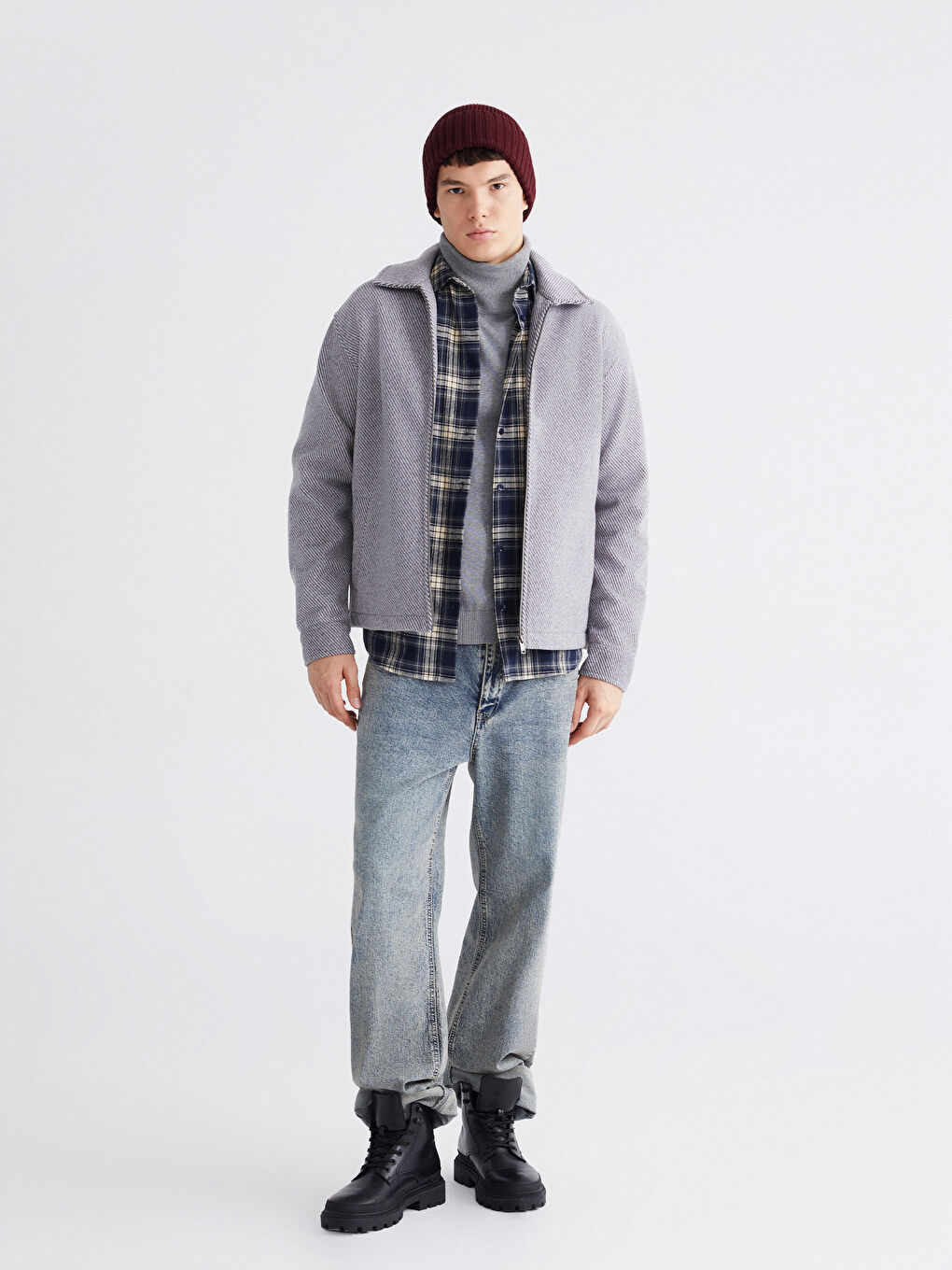 Gri Regular Fit Uzun Kollu Kaşe Erkek Gömlek Ceket-1