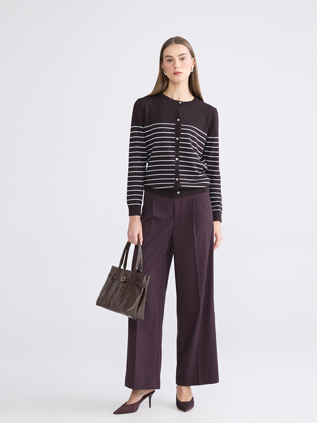 Bordo Loose Fit Geniş Paça Kadın Pileli Pantolon