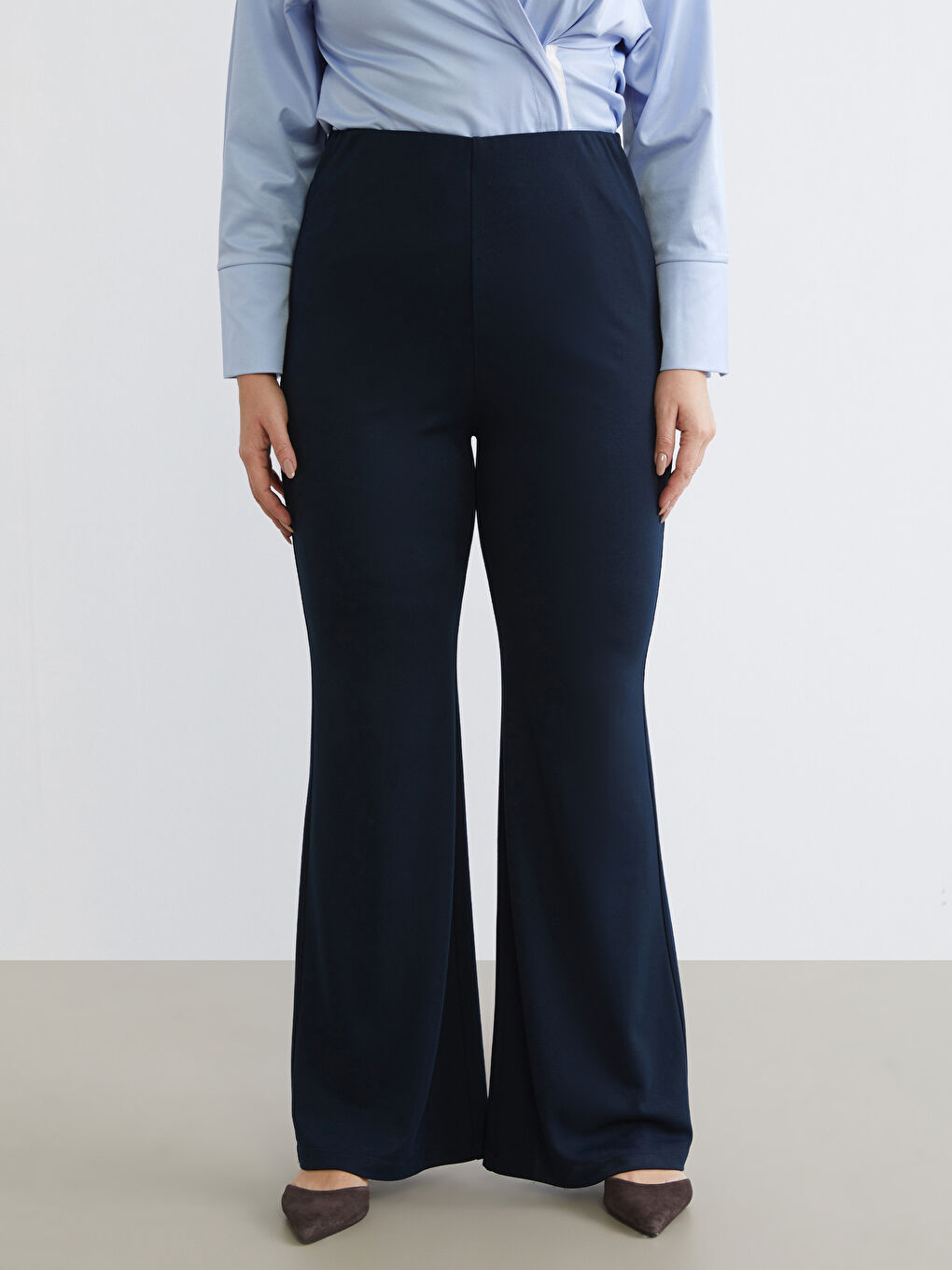 Lacivert Büyük Beden İspanyol Paça Kadın Pantolon-1