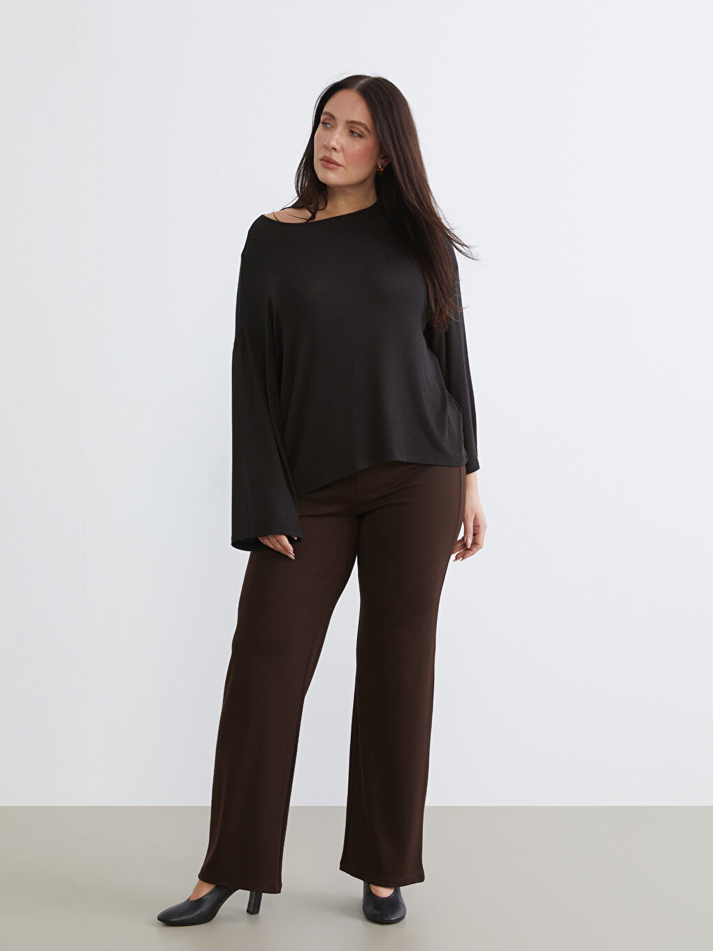 Kahverengi Büyük Beden Beli Lastikli Kadın Pantolon