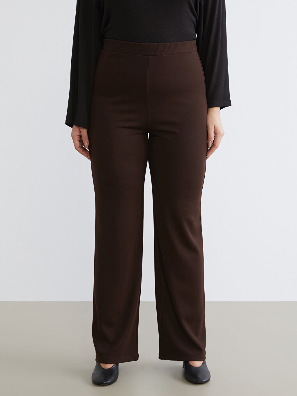 Kahverengi Büyük Beden Beli Lastikli Kadın Pantolon-1
