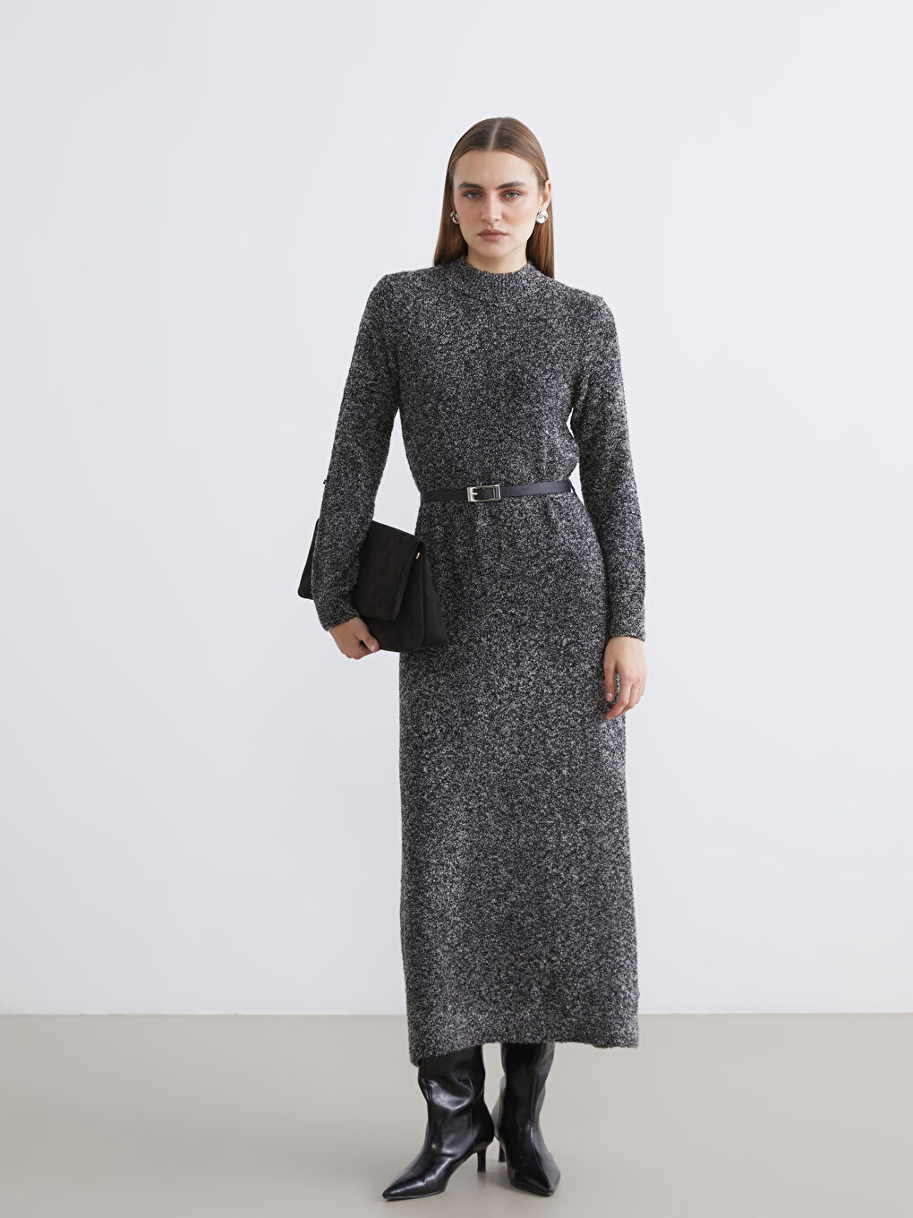 Antrasit Beli Kemerli Dik Yaka Triko Elbise