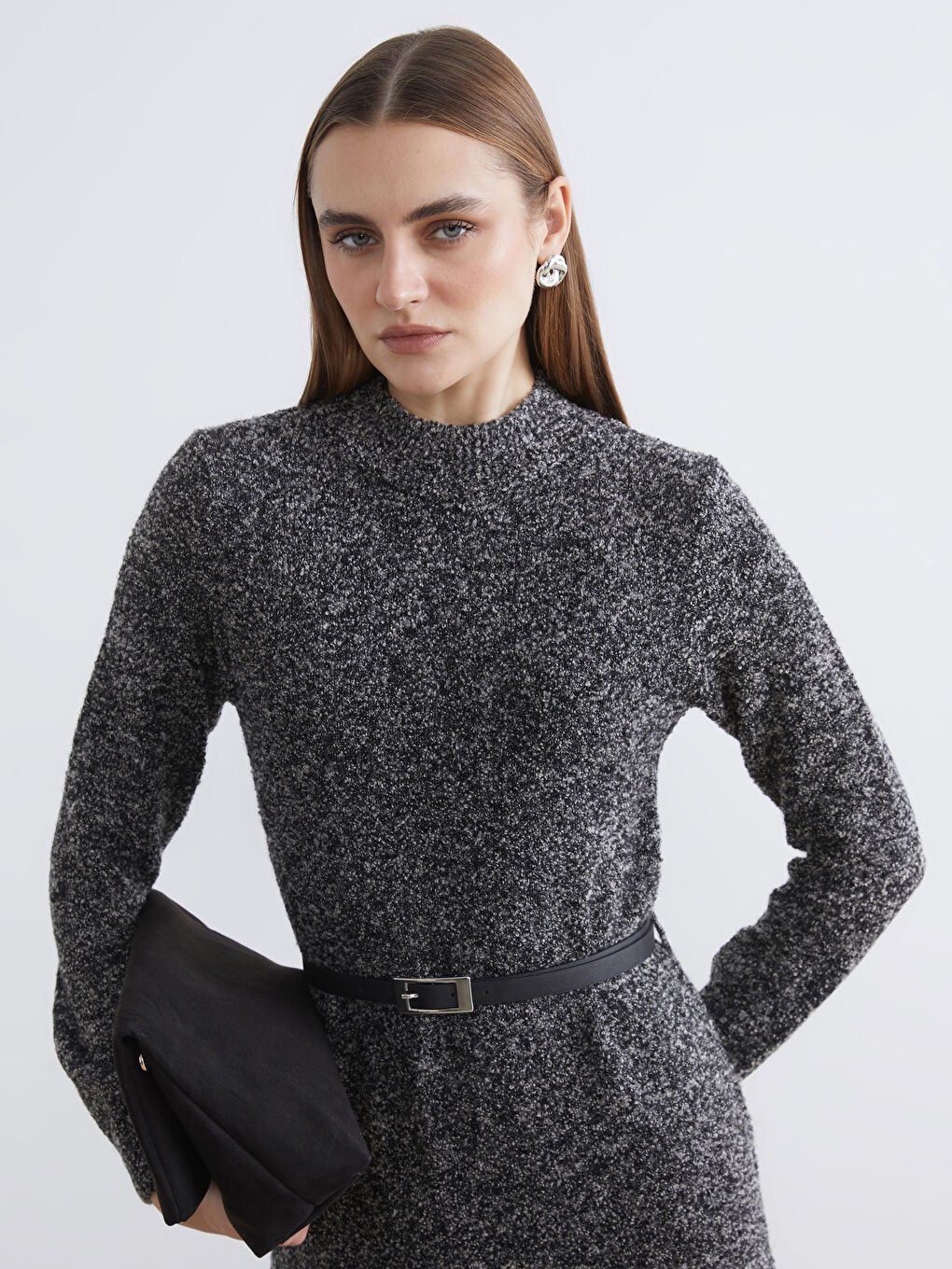 Antrasit Beli Kemerli Dik Yaka Triko Elbise-1