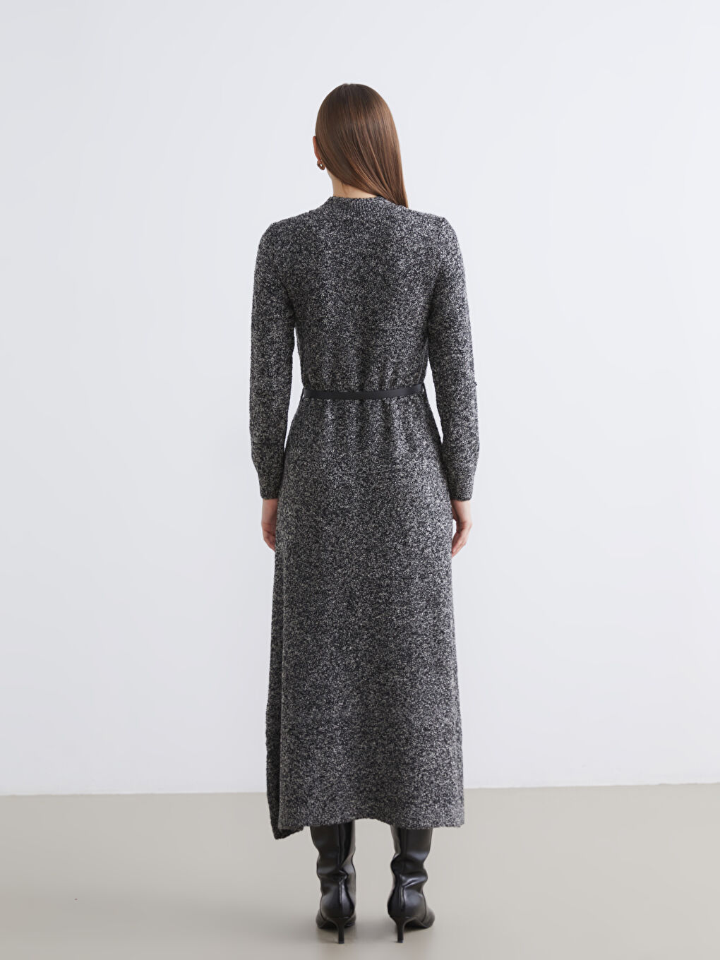 Antrasit Beli Kemerli Dik Yaka Triko Elbise-3