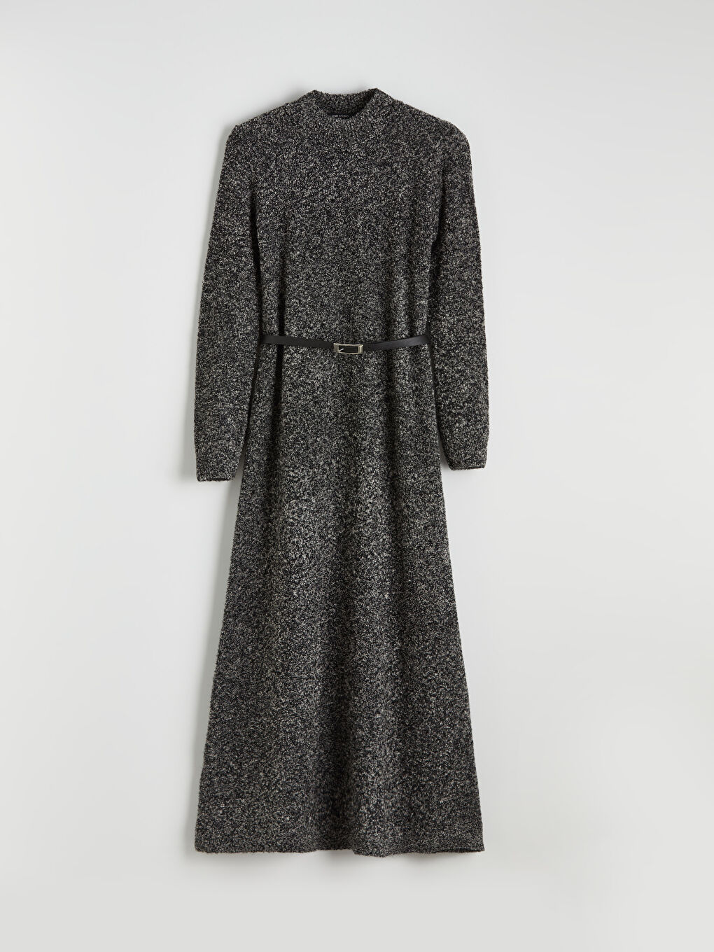 Antrasit Beli Kemerli Dik Yaka Triko Elbise-4