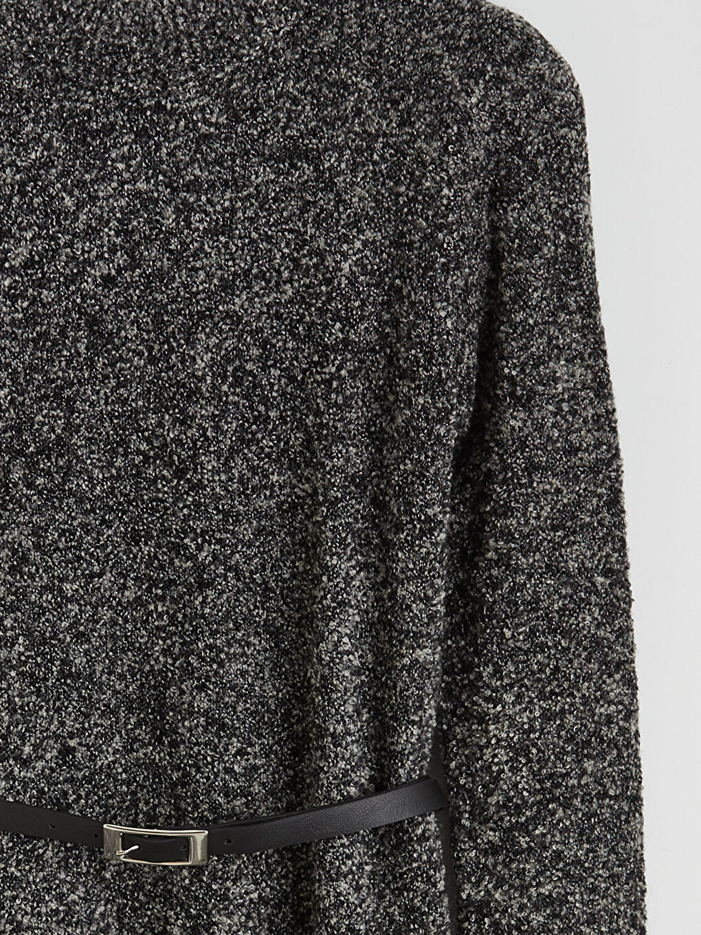 Antrasit Beli Kemerli Dik Yaka Triko Elbise-5