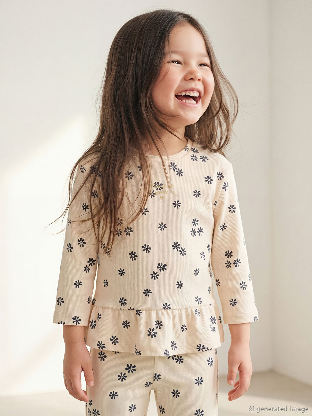 Crew Neck Printed Ruffled Baby Girls' T-Shirt