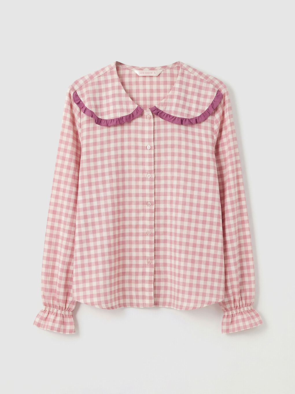 Pembe Fırfırlı Bebe Yaka Ekose Kadın Pijama Üstü-1