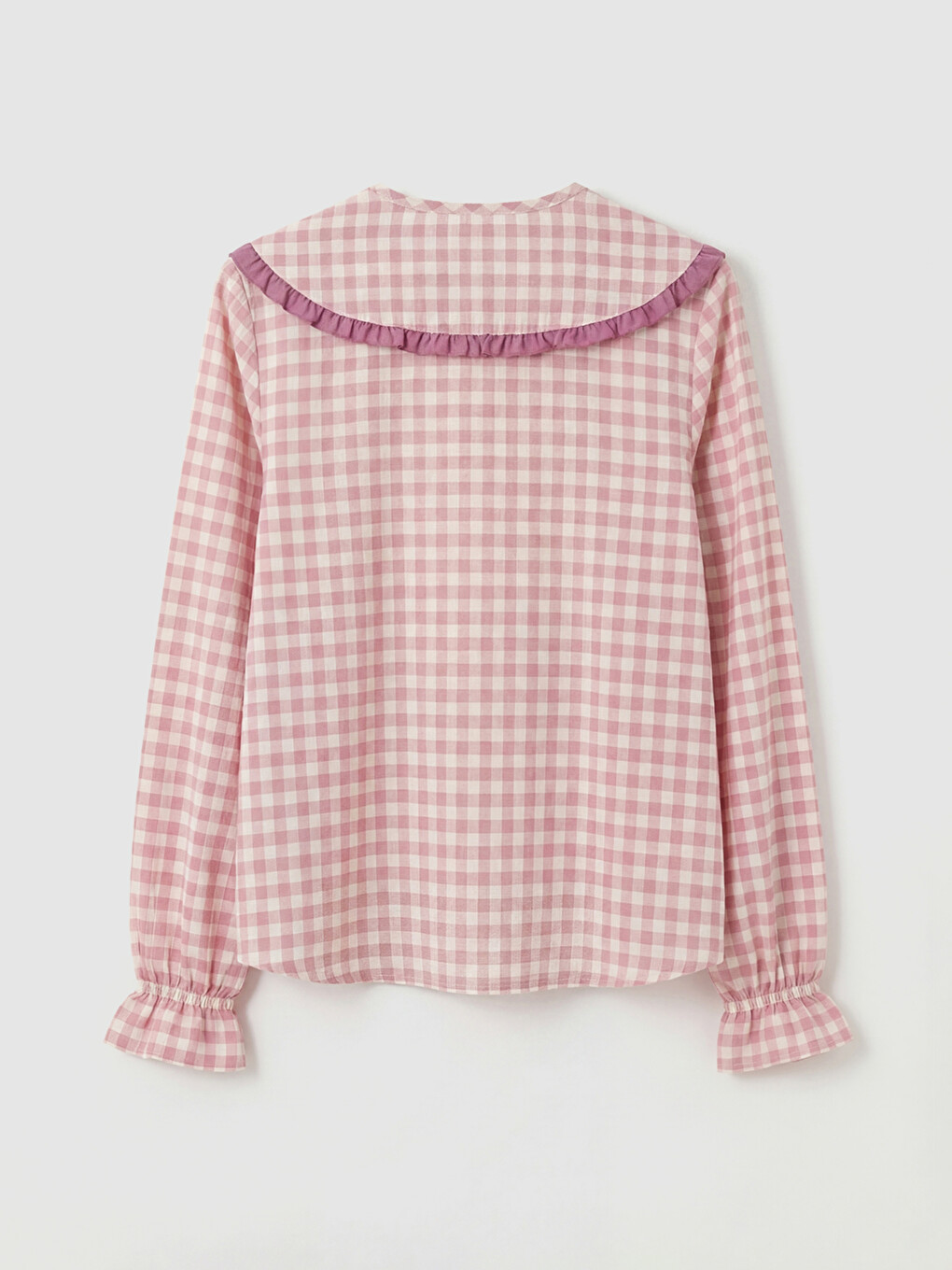Pembe Fırfırlı Bebe Yaka Ekose Kadın Pijama Üstü-2