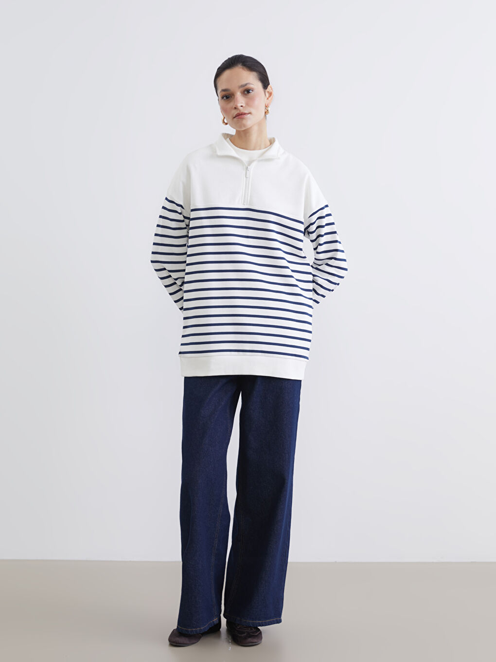 Lacivert Dik Yaka Çizgili Kadın Kalın Sweatshirt Tunik-1