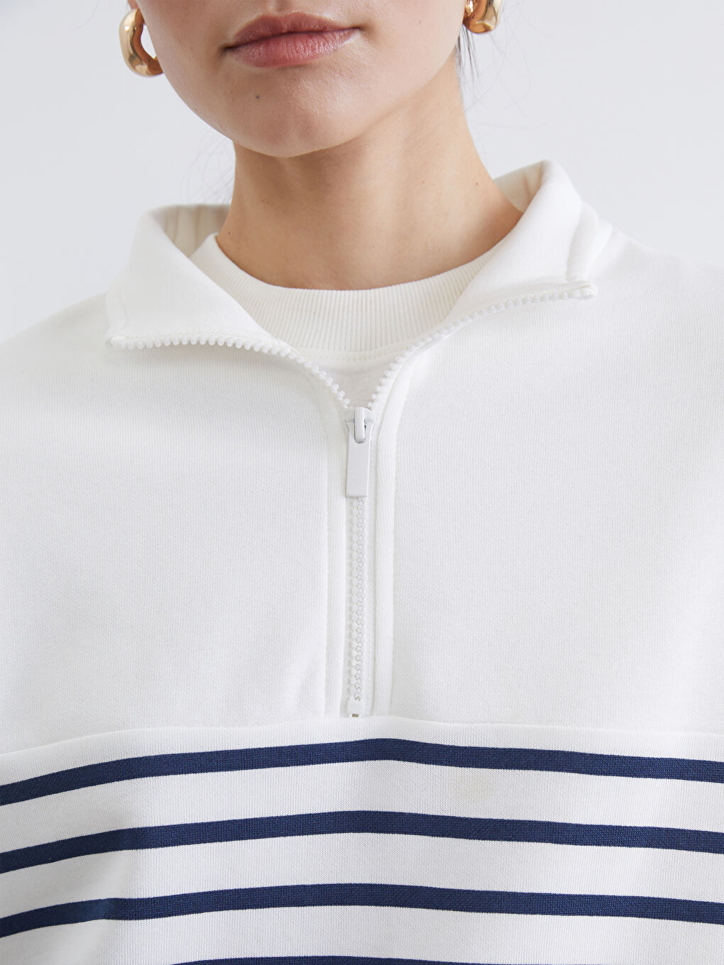 Lacivert Dik Yaka Çizgili Kadın Kalın Sweatshirt Tunik-2