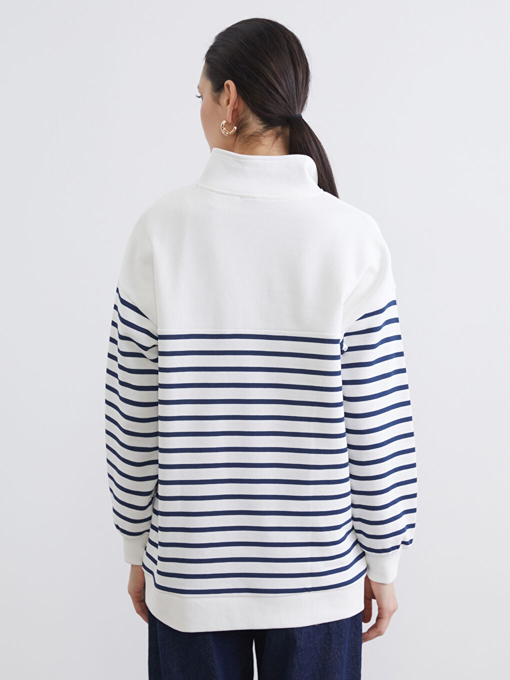 Lacivert Dik Yaka Çizgili Kadın Kalın Sweatshirt Tunik-3