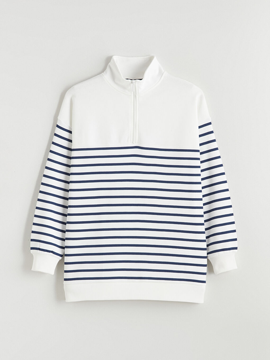 Lacivert Dik Yaka Çizgili Kadın Kalın Sweatshirt Tunik-4