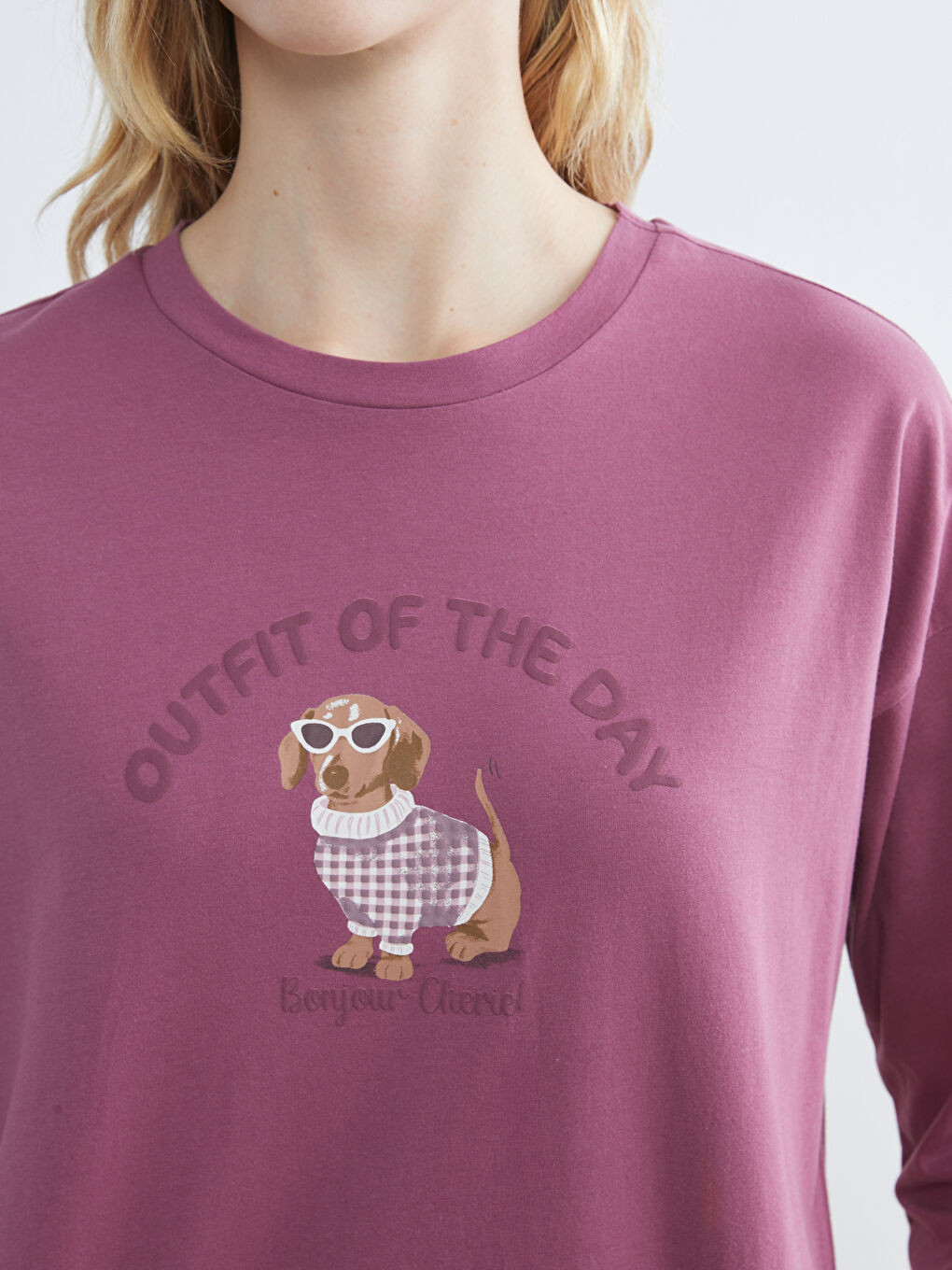 Mürdüm Bisiklet Yaka Köpek Baskılı Kadın Pijama Üst-2