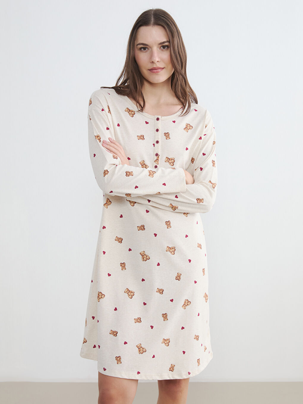 Crew Neck Bear Teddy Patterned Maternity Nightdress