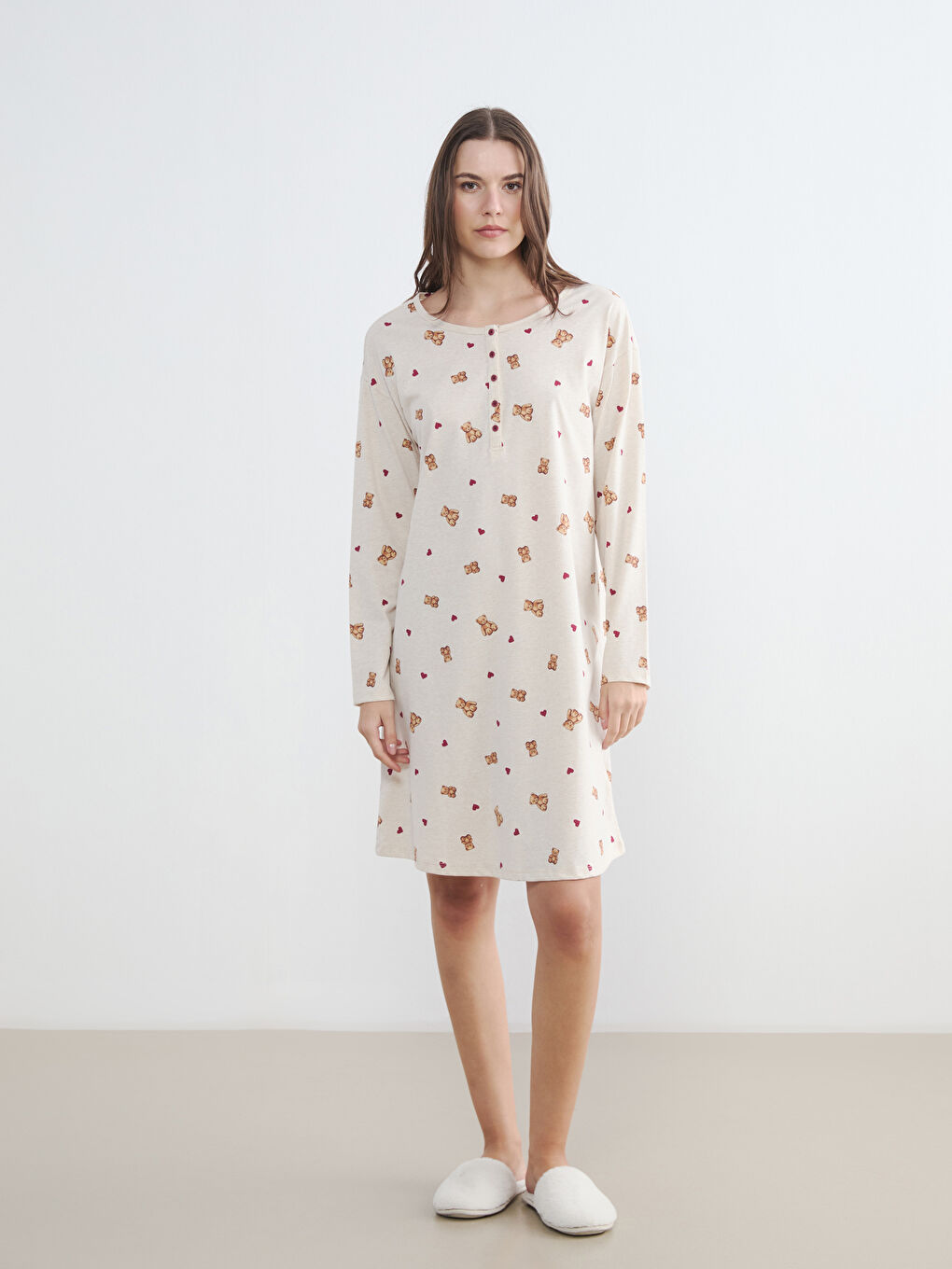 Crew Neck Bear Teddy Patterned Maternity Nightdress-1