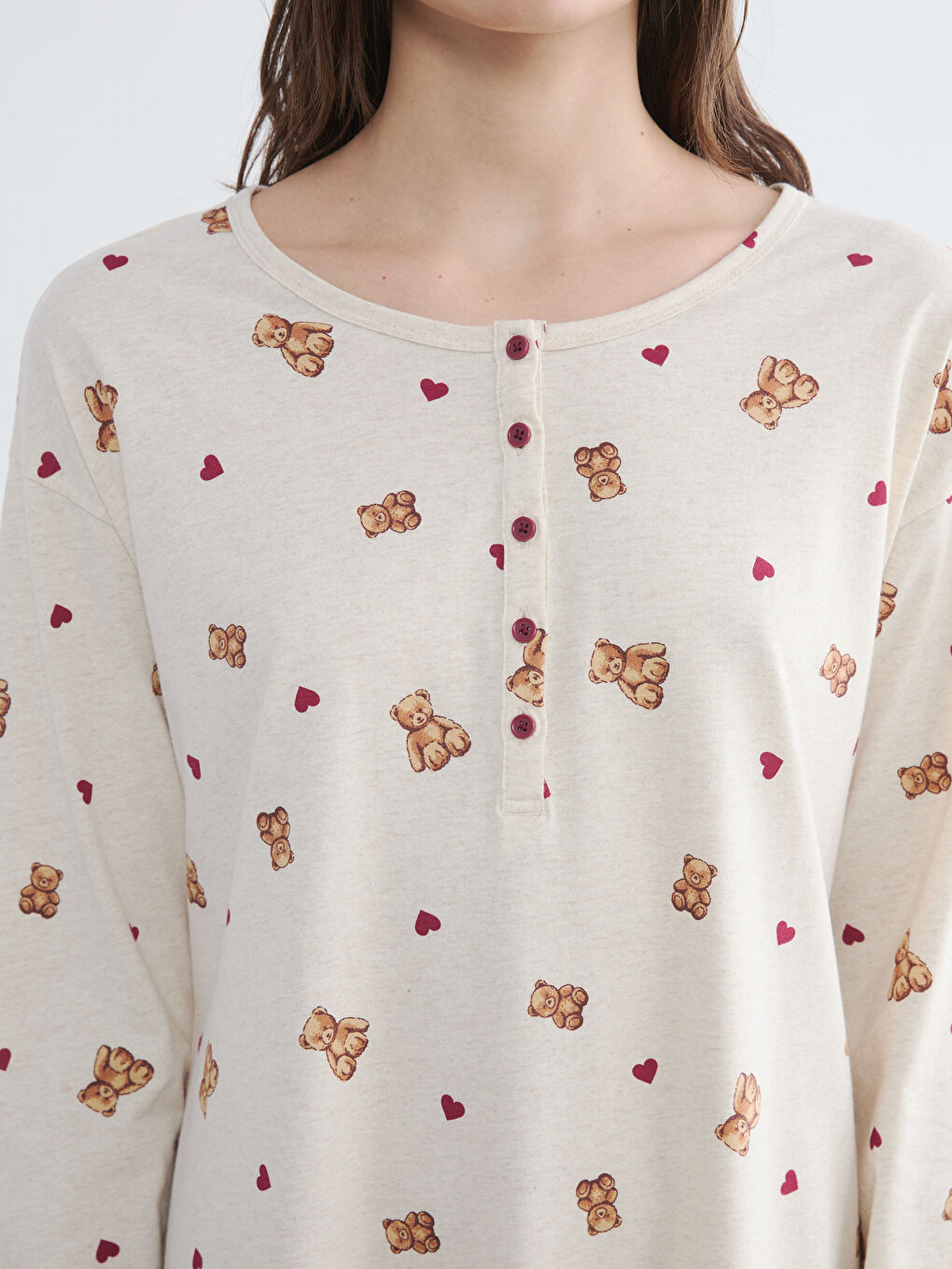 Crew Neck Bear Teddy Patterned Maternity Nightdress-2