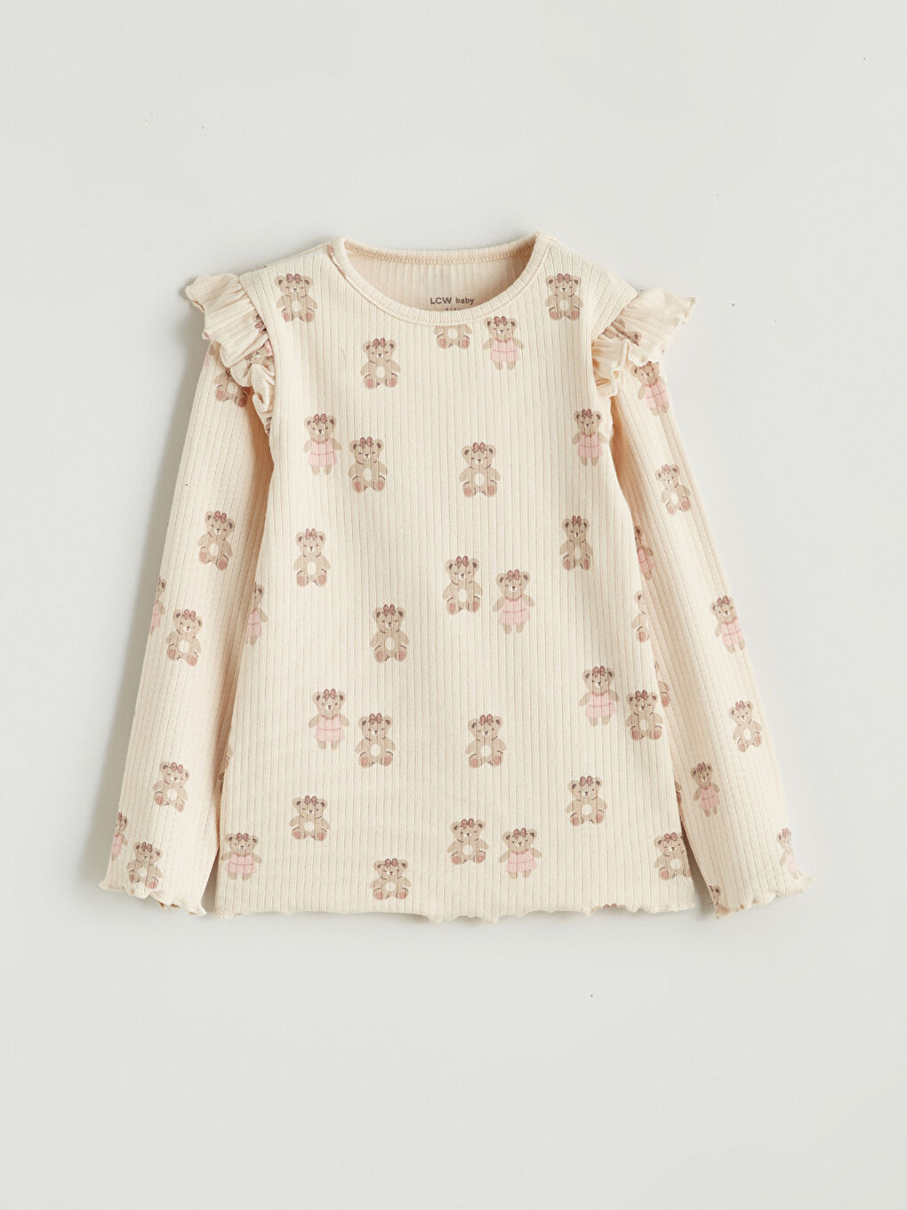 Bej Bisiklet Yaka Ayıcık Desenli Kız Bebek Tişört