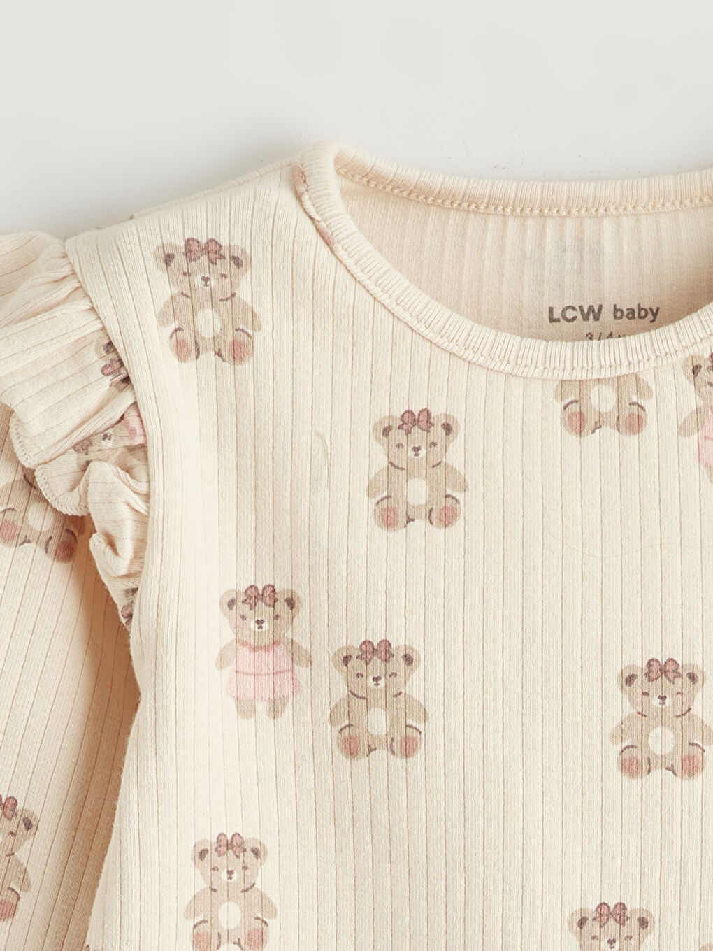 Bej Bisiklet Yaka Ayıcık Desenli Kız Bebek Tişört-1