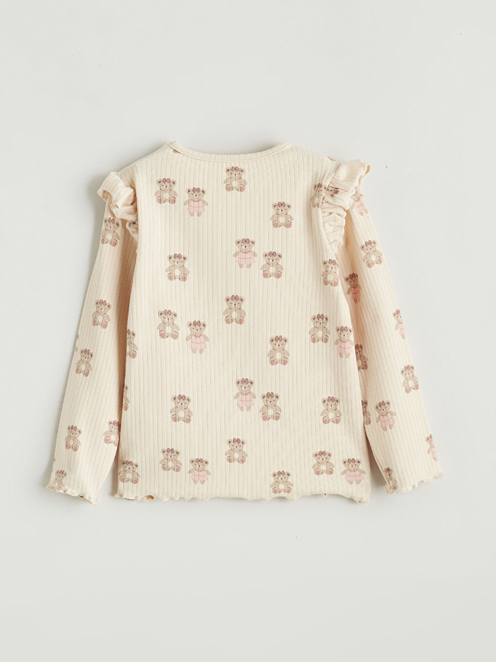 Bej Bisiklet Yaka Ayıcık Desenli Kız Bebek Tişört-2