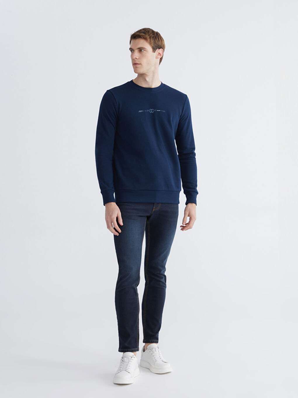 Lacivert Bisiklet Yaka Baskılı Erkek Kalın Sweatshirt-1