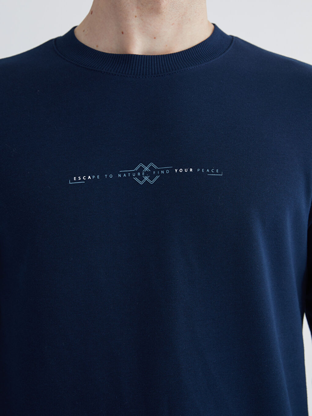 Lacivert Bisiklet Yaka Baskılı Erkek Kalın Sweatshirt-2