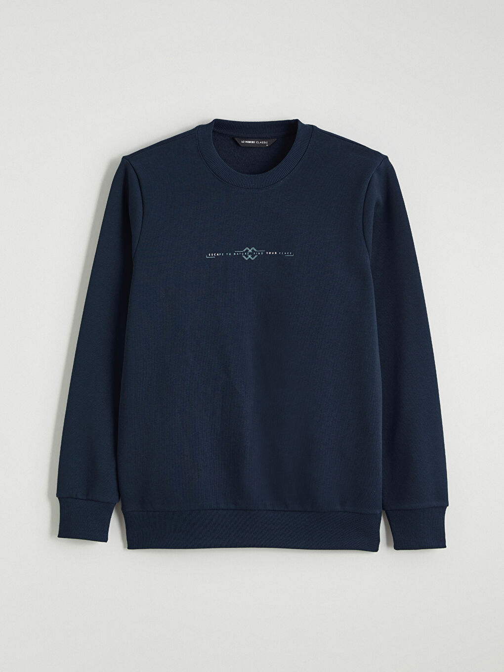 Lacivert Bisiklet Yaka Baskılı Erkek Kalın Sweatshirt-4