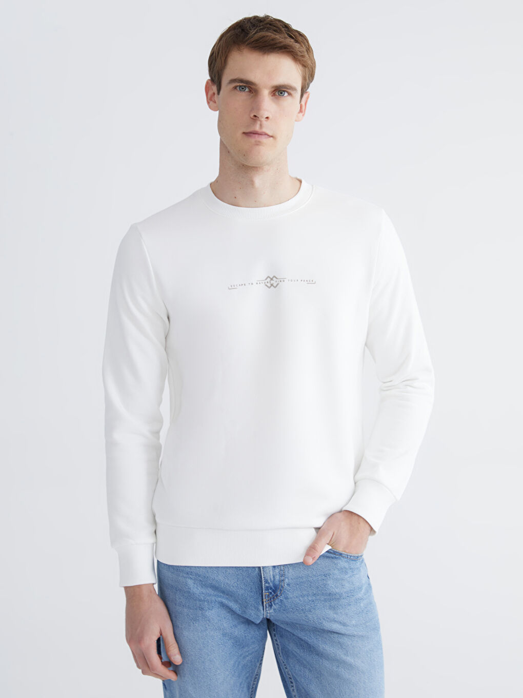 Ekru Bisiklet Yaka Baskılı Erkek Kalın Sweatshirt