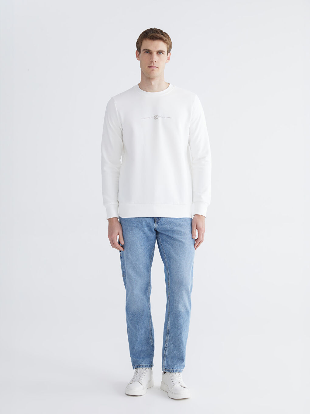 Ekru Bisiklet Yaka Baskılı Erkek Kalın Sweatshirt-1